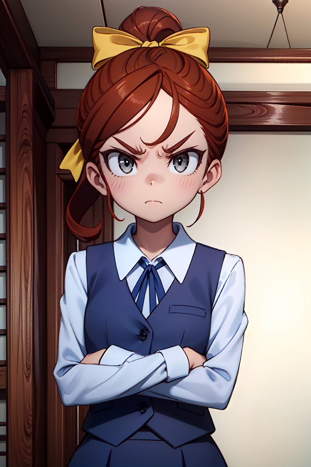 (1girl, solo, (Hannah_england), (cinnamon hair, grey eyes, hair bow, yellow bow, ponytail), blue neck ribbon,long sleeves, collared shirt, white shirt, school uniform, navy bue skirt, navy blue vest, standing, looking at viewer,upper body, angry, closed mouth, crossing arms)<lora:EMS-312131-EMS:1.000000>