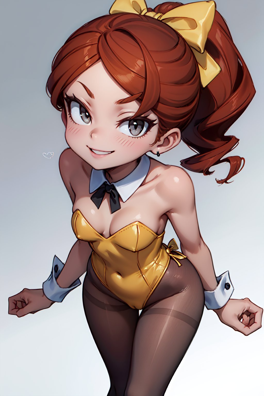 (1girl, solo, (Hannah_england), (cinnamon hair, grey eyes, hair bow, yellow bow, ponytail), (playboy bunny, black pantyhose), standing, looking at viewer, evil smile,standing)<lora:EMS-312131-EMS:1.000000>