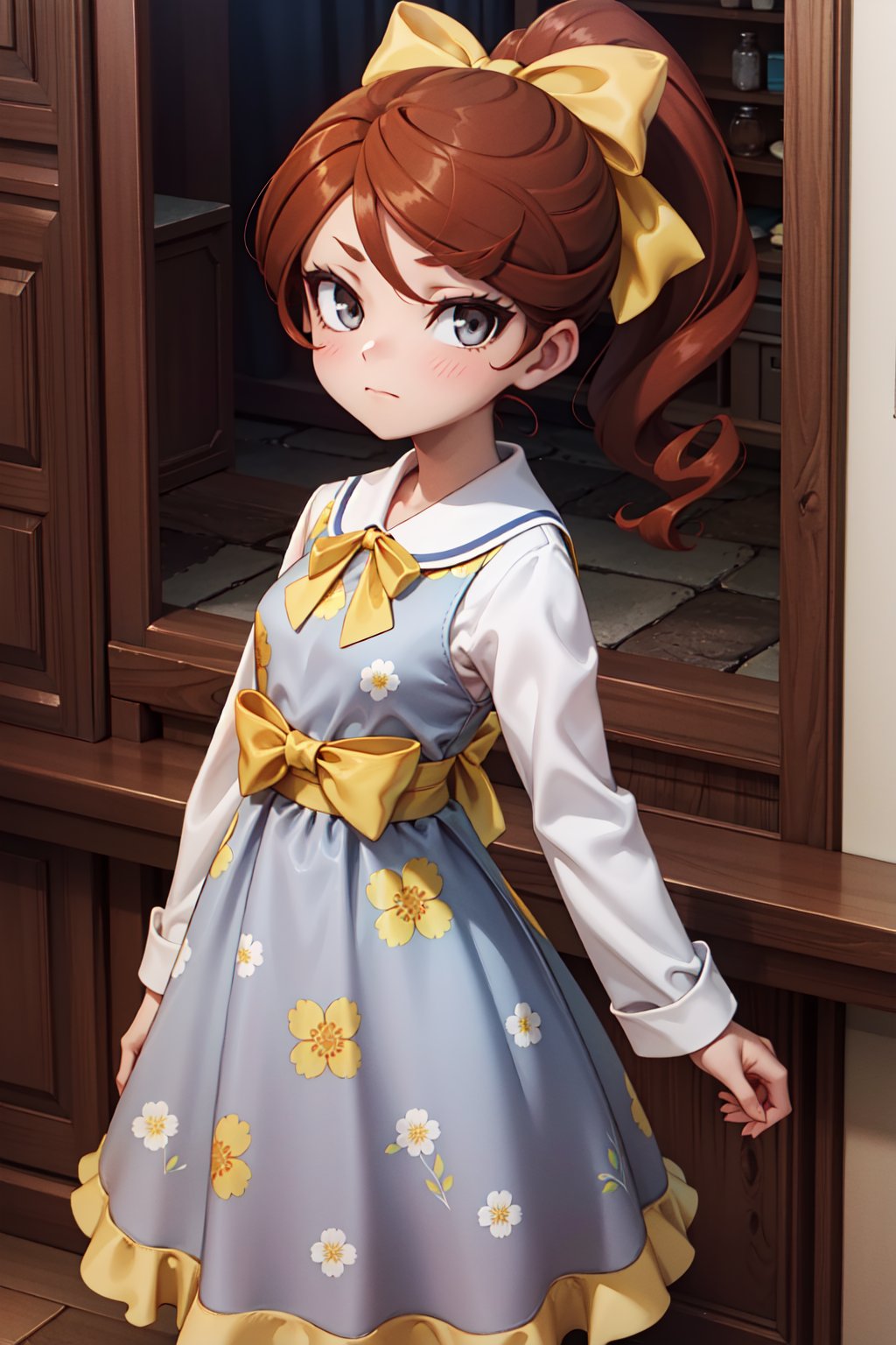 (1girl, solo, (Hannah_england), (cinnamon hair, grey eyes, hair bow, yellow bow, ponytail), (dress, floral print), standing, looking at viewer, closed mouth)<lora:EMS-312131-EMS:1.000000>