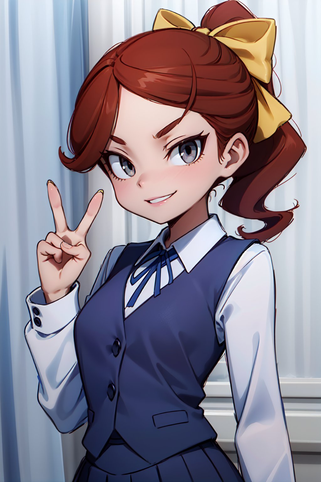 (1girl, solo, (Hannah_england), (cinnamon hair, grey eyes, hair bow, yellow bow, ponytail), blue neck ribbon,long sleeves, collared shirt, white shirt, school uniform, navy bue skirt, navy blue vest, standing, looking at viewer,upper body, evil smile, peace sign)<lora:EMS-312131-EMS:1.000000>