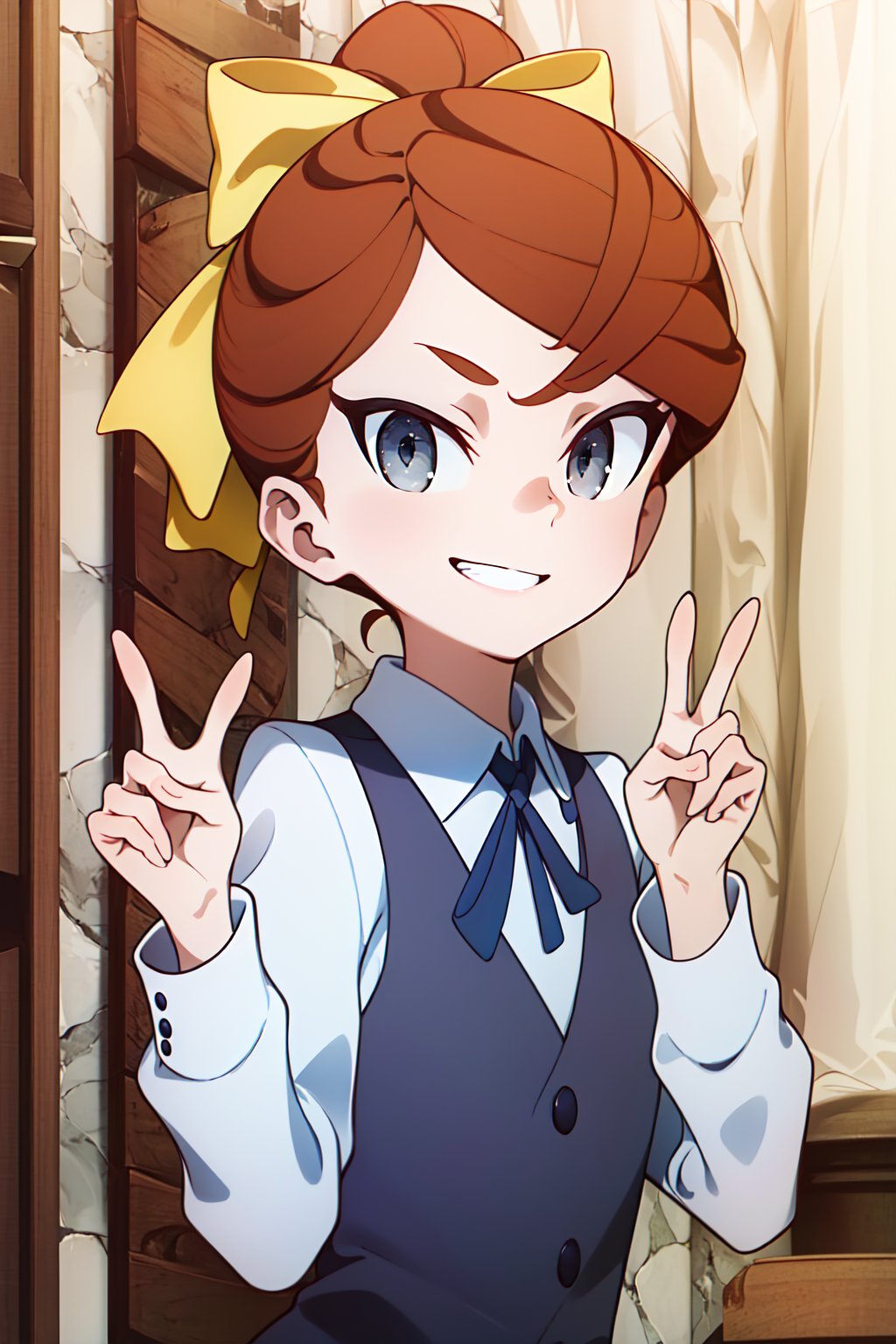 (1girl, solo, (Hannah_england), (cinnamon hair, grey eyes, hair bow, yellow bow, ponytail), blue neck ribbon,long sleeves, collared shirt, white shirt, school uniform, navy bue skirt, navy blue vest, standing, looking at viewer,upper body, evil smile, peace sign)<lora:EMS-312131-EMS:1.000000>