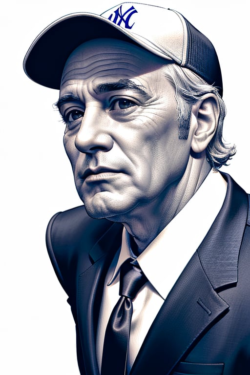 Ultra realistic detailed XTCH crosshatching portrait in medium close-up of Robert De Niro in a Yankees Baseball Cap