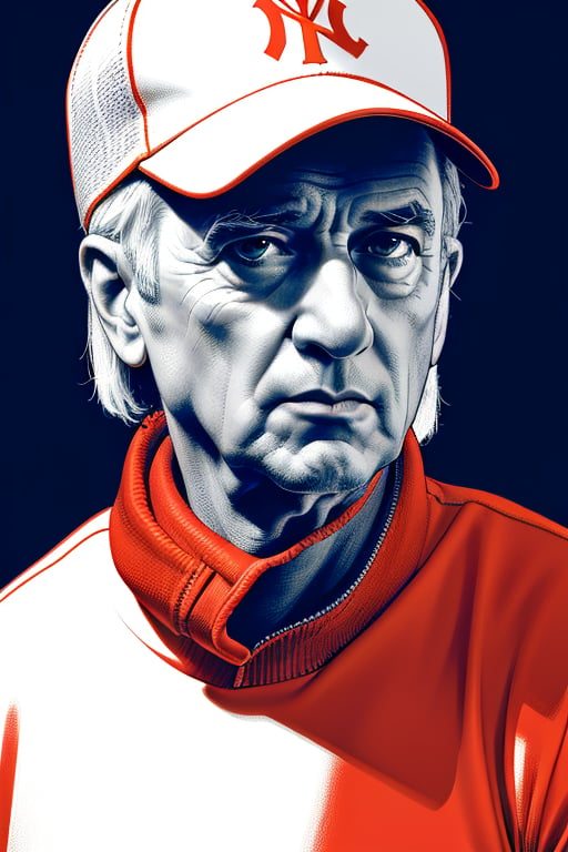 Full to medium upper body crosshatching portrait of Robert De Niro in a Blue Yankees Baseball Cap, a XTCH illustration. Partially shaded face, monochrome, red theme, spot color, line art, limited palette, ultra detailed hatching in shadow areas, NYC in background, intricately detailed layers of crosshatched lines, 8K, masterpiece, XTCH, crosshatching, illustration, portrait, 