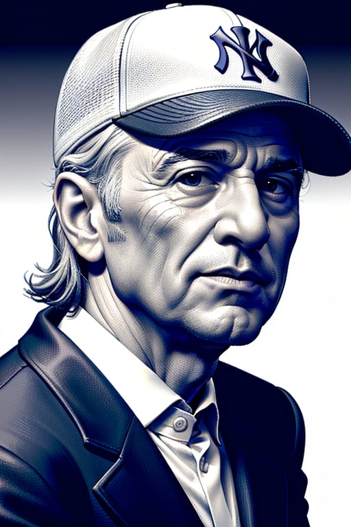 Ultra detailed XTCH crosshatching portrait in medium close-up of Robert De Niro in a Yankees Baseball Cap