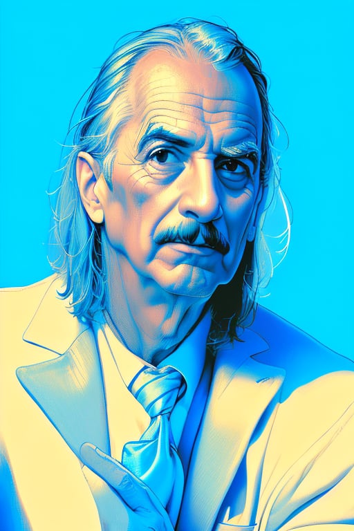 A full to medium upper body portrait of Frank Zappa in XTCH crosshatched illustration. Partially shaded face, ultra detailed hatching in dark colors, teal theme, spot color, orange line art, simple background, intricately detailed, layered crosshatched lines, partially colored, XTCH, crosshatching, illustration, portrait,