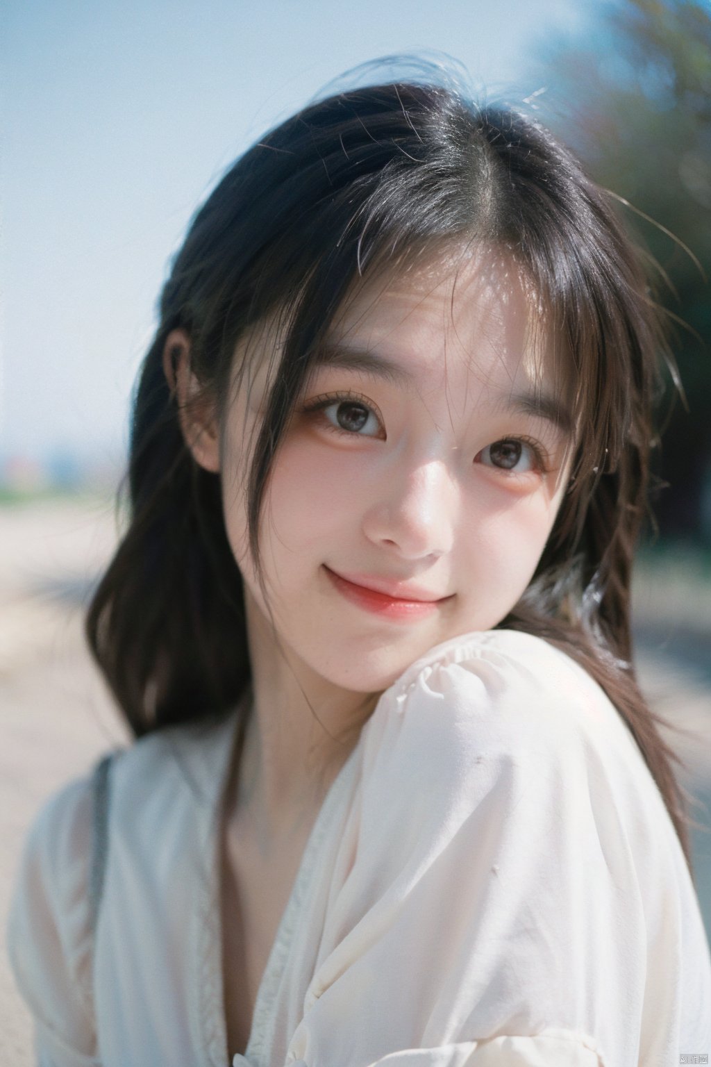 Cute girl, sweet, smiling, blushing, very attractive, charming, film, KODAK Portra 400, Hasselblad photography, realistic, detailed, 8K RAW, 4k photo, masterpiece<lora:EMS-312258-EMS:0.800000>