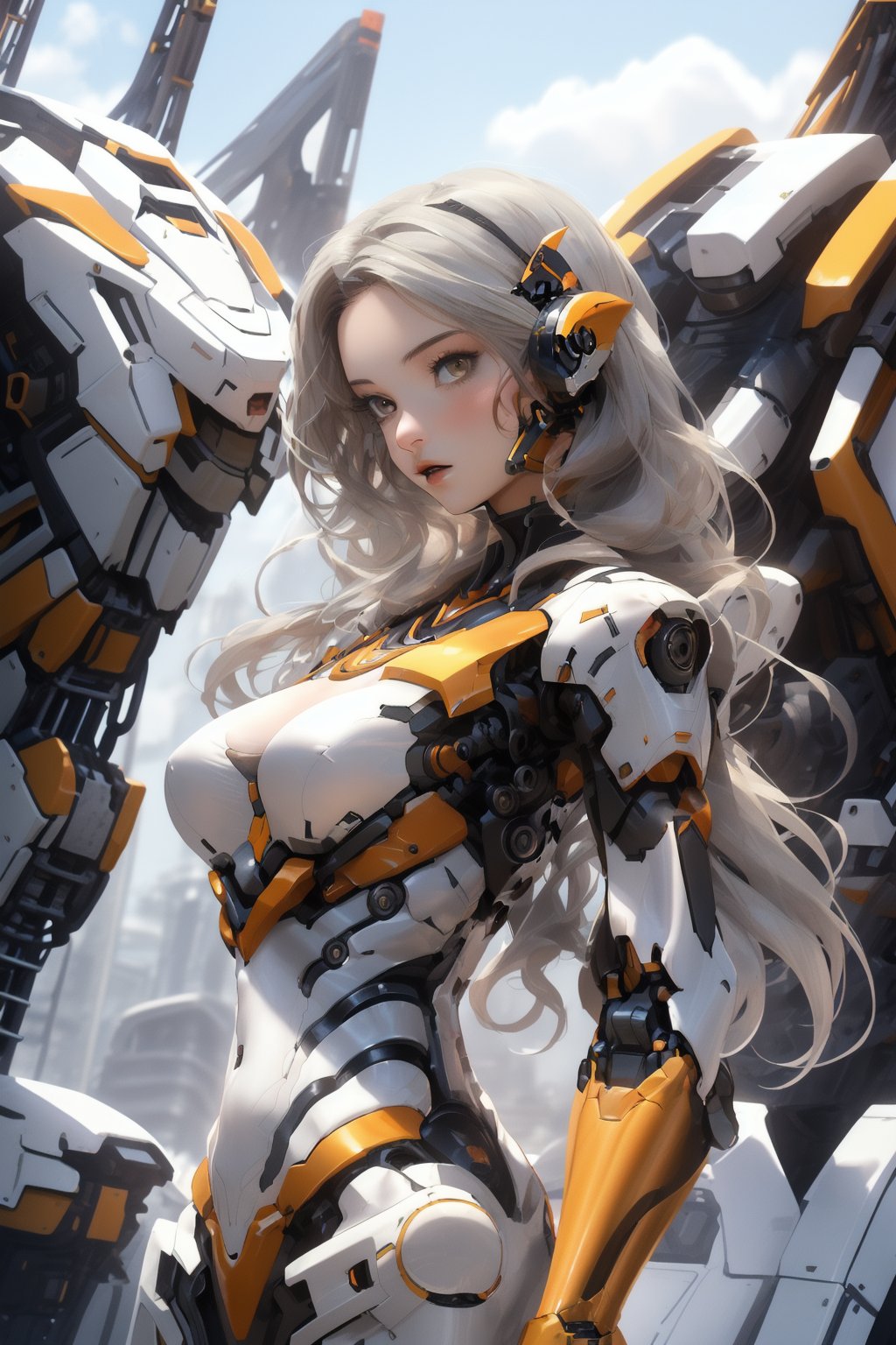 anchemixmecha, mechagirl001, 1girl, solo, long hair, looking at viewer, breasts, bodysuit