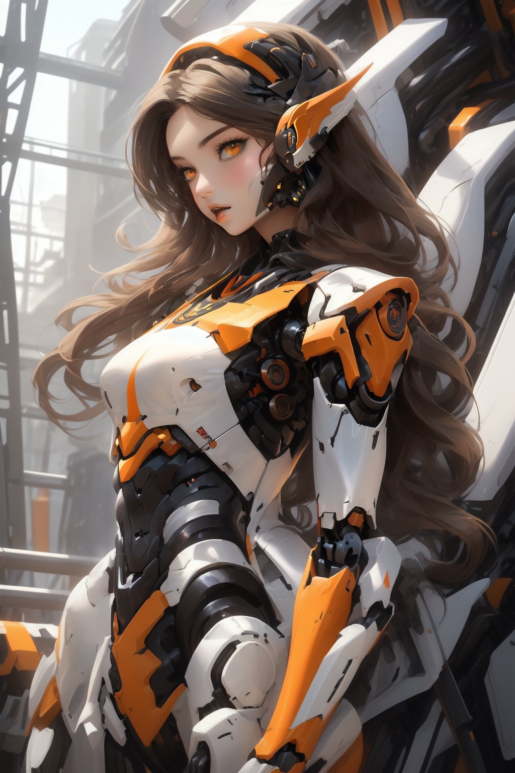 anchemixmecha, mechagirl001, 1girl, solo, brown hair, lips, long hair, orange eyes