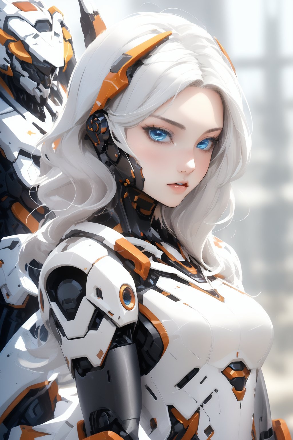 anchemixmecha,mechagirl001,1girl,solo,blue eyes,long hair,white hair,upper body,blurry background,