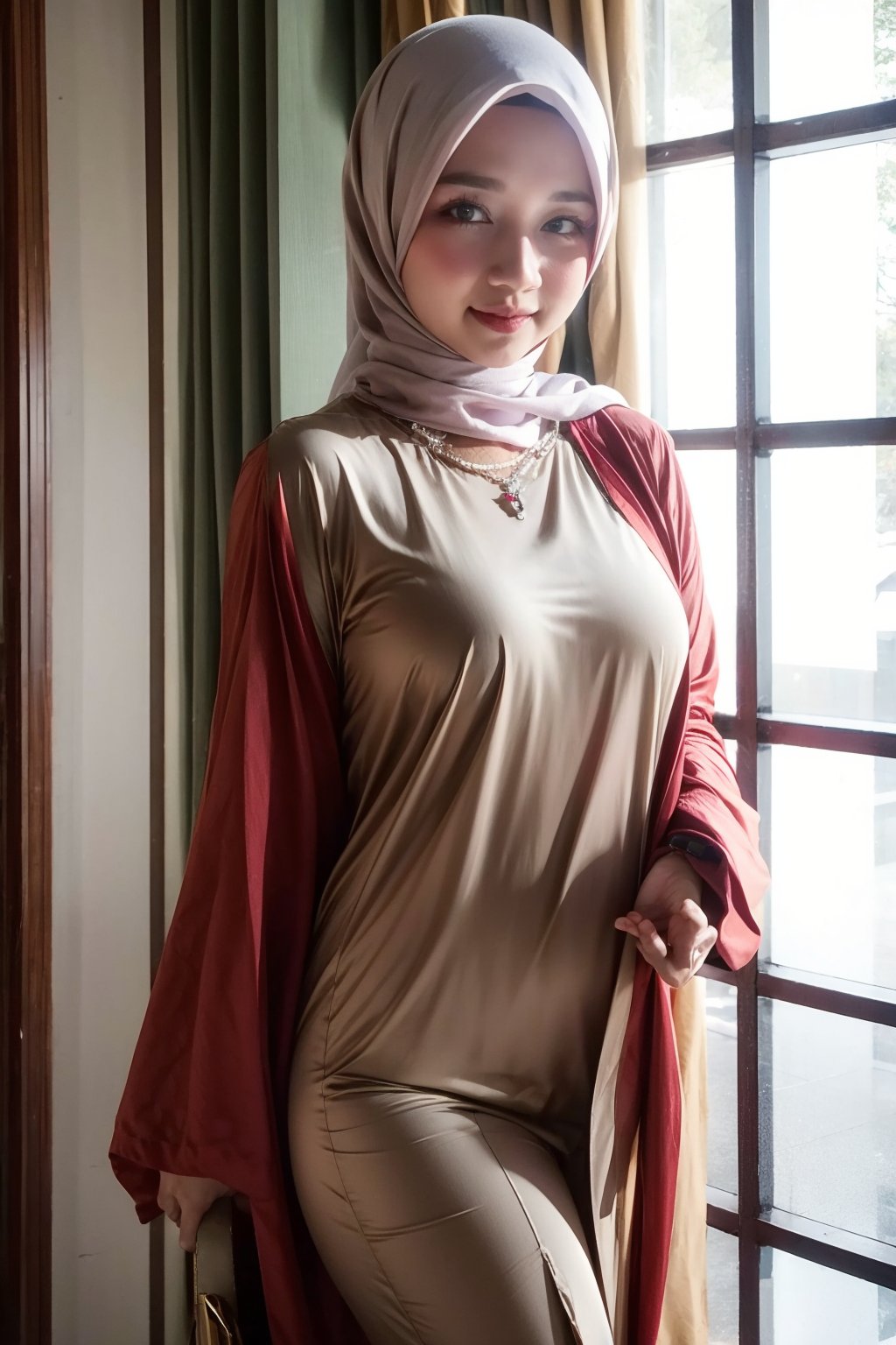 1 girl, solo, medium_breasts, innocent looks, enjoying, looking at viewer,

Hijab, robe, Jewelry, necklace, earings, only_robe, silk, thin, translucent ,see-through, 
