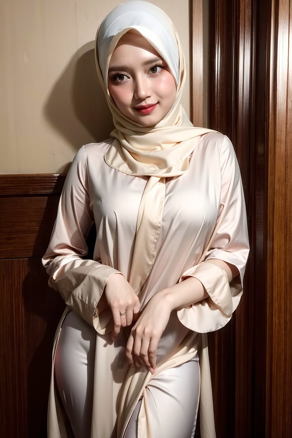 1 girl, solo, medium_breasts, innocent looks, enjoying, looking at viewer,

Hijab, robe, Jewelry, necklace, earings, only_robe, silk, thin, translucent ,see-through, 
