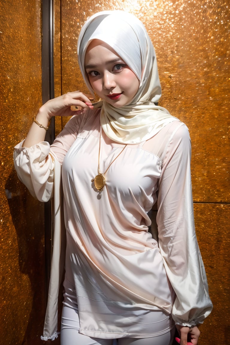 Triadic colour schemes,

1 girl, solo, medium_breasts, innocent looks, enjoying, looking at viewer,

Hijab, shirt, Jewelry, necklace, earings, only_shirt, silk, thin, translucent ,see-through, 
,C1SYU,H3NUY ,sangonomiya kokomi (sparkling coralbone),sangonomiya kokomi,R15M ,IR3N 