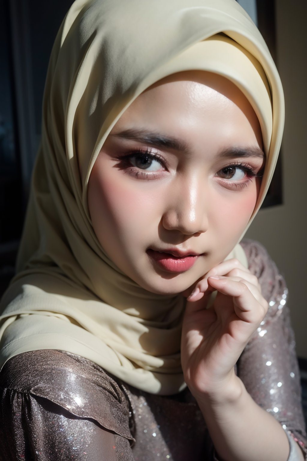 Close up,
1 girl, solo, looks, enjoying, looking at viewer, hijab 

,D1AMOND,ar1n,Masterpiece,C1SYU,IR3N ,R15M 