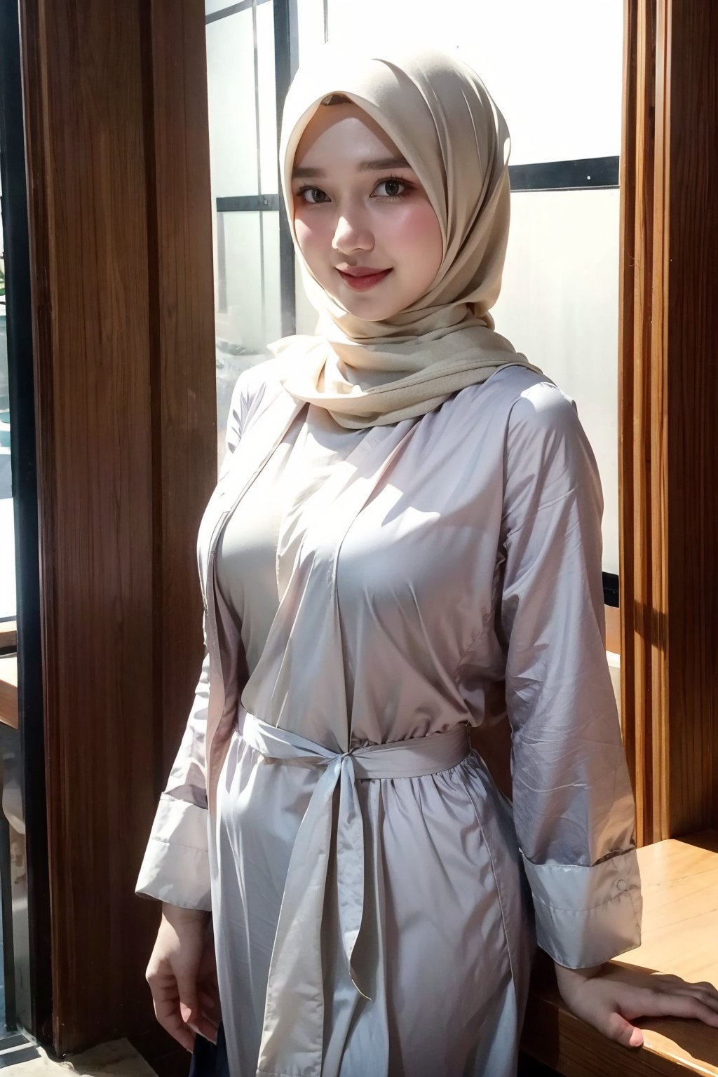 1 girl, solo, medium_breasts, innocent looks, enjoying, looking at viewer,

Hijab, office suit, Jewelry, necklace, earings, only_robe, silk, thin, translucent ,see-through, 
