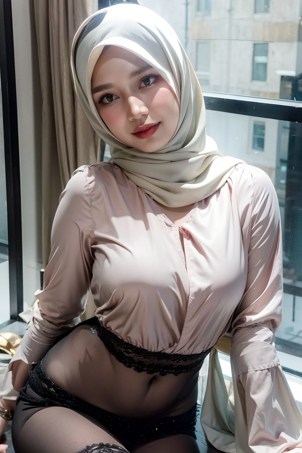 1 girl, solo, medium_breasts, innocent looks, enjoying, looking at viewer,

Hijab, office suit, Jewelry, necklace, earings, only_robe, silk, thin, translucent ,see-through, 
