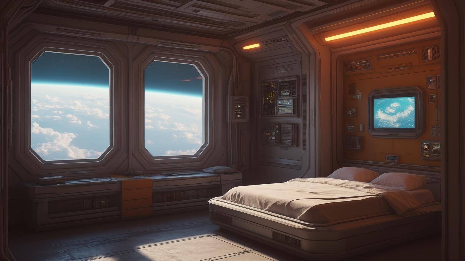 <lora:Anchespaceroom-V1:0.7>,anchespaceroom, scenery, no humans, bed, science fiction