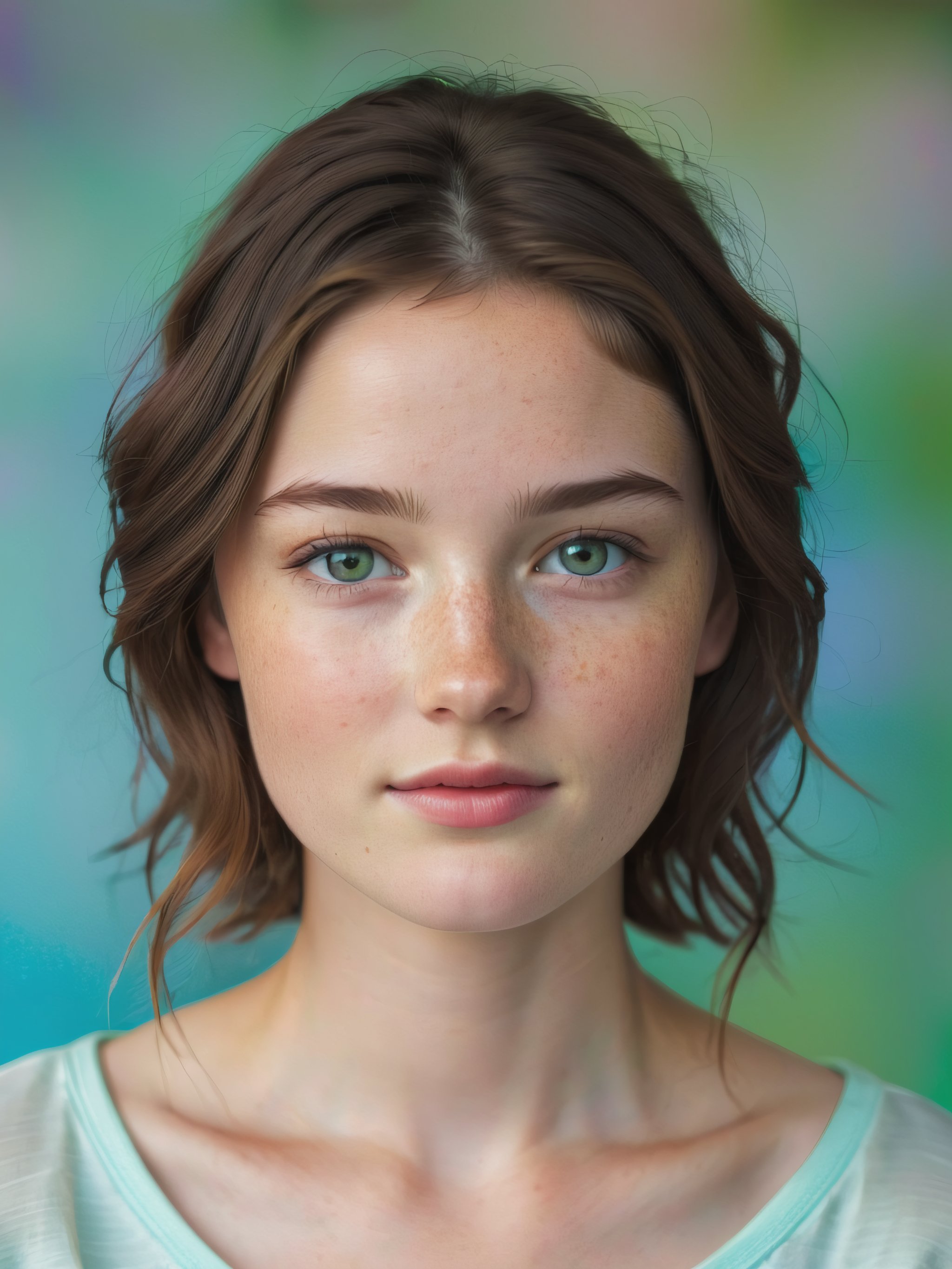 portrait photo of a 21yo girl, biegeskin, freckles, light-green eyes, straight dark-brown hair, ringlets, round face, square jaw