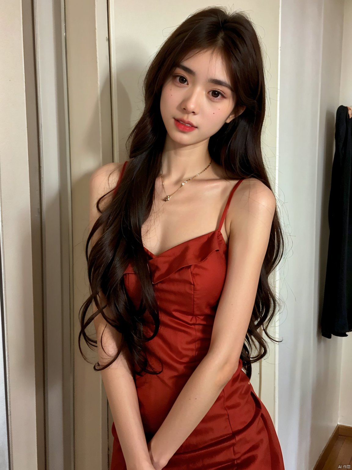  1, 1girl, long hair, brown hair, solo, dress, brown eyes, looking at viewer, holding, red dress, parted lips, bare shoulders, indoors, lips, upper body, sleeveless, ((poakl))