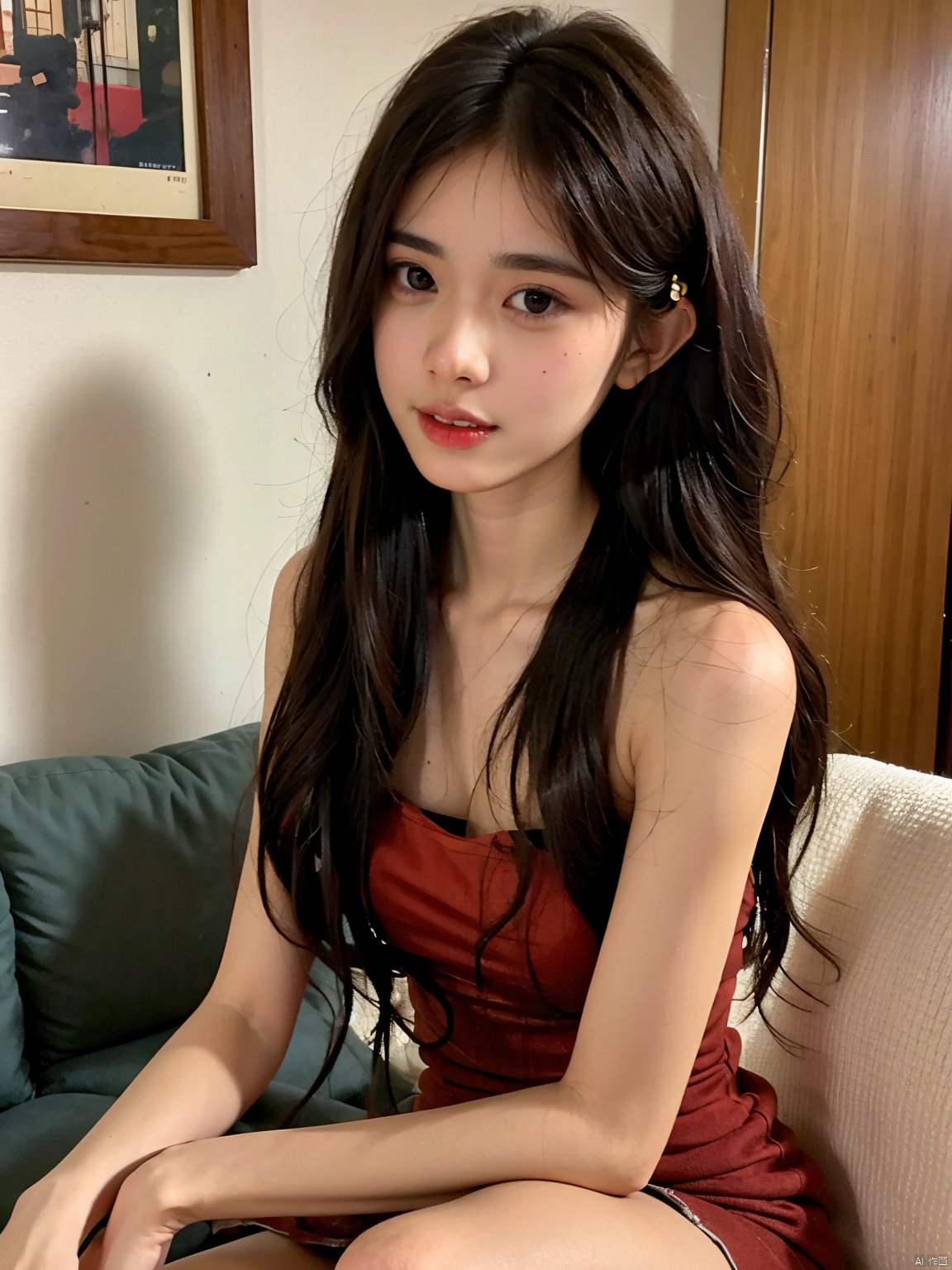  1, 1girl, long hair, brown hair, solo, dress, brown eyes, looking at viewer, holding, red dress, parted lips, bare shoulders, indoors, lips, upper body, sleeveless, ((poakl))