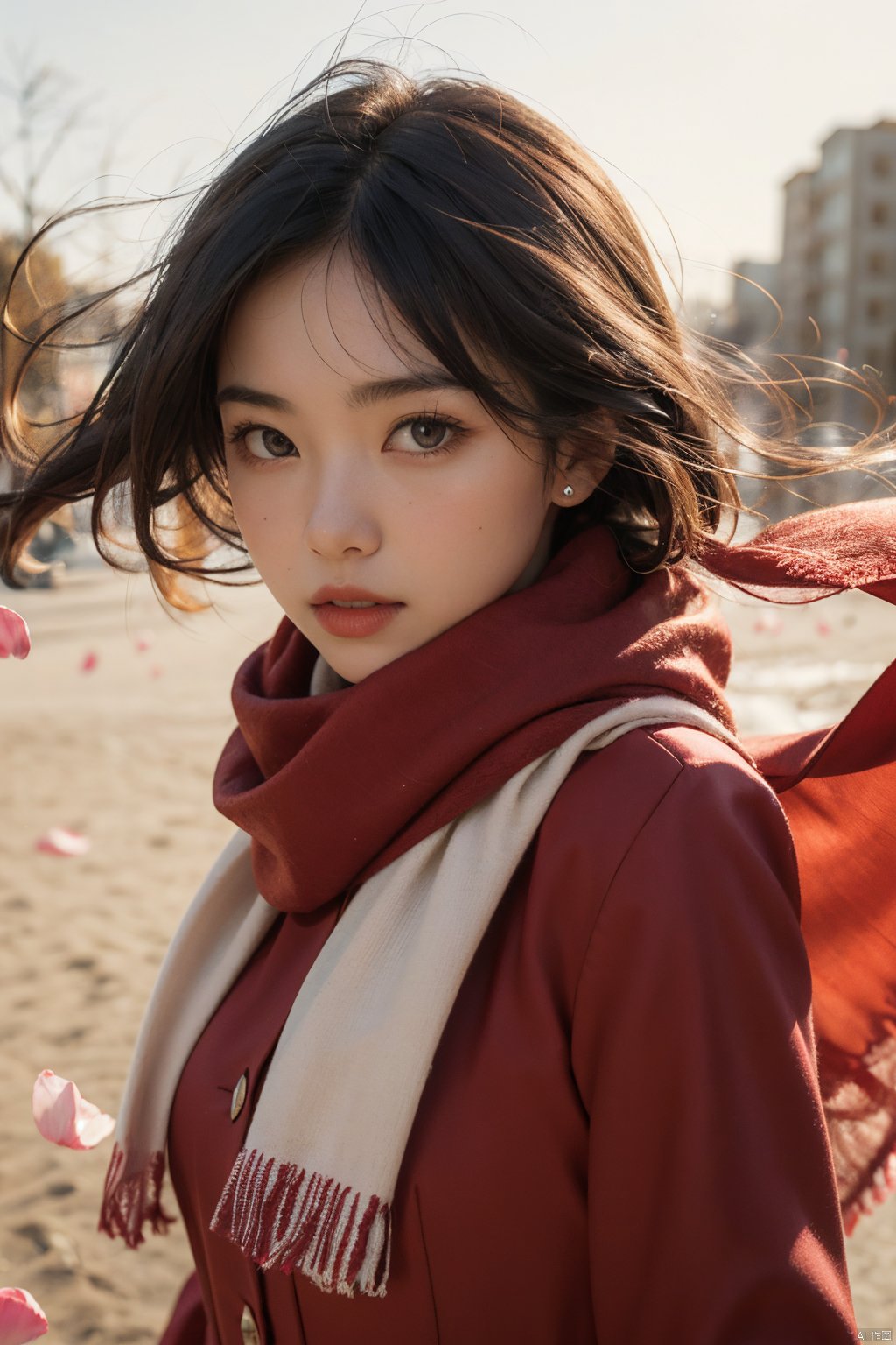  1girl, red dress, (scarf), wind, petal