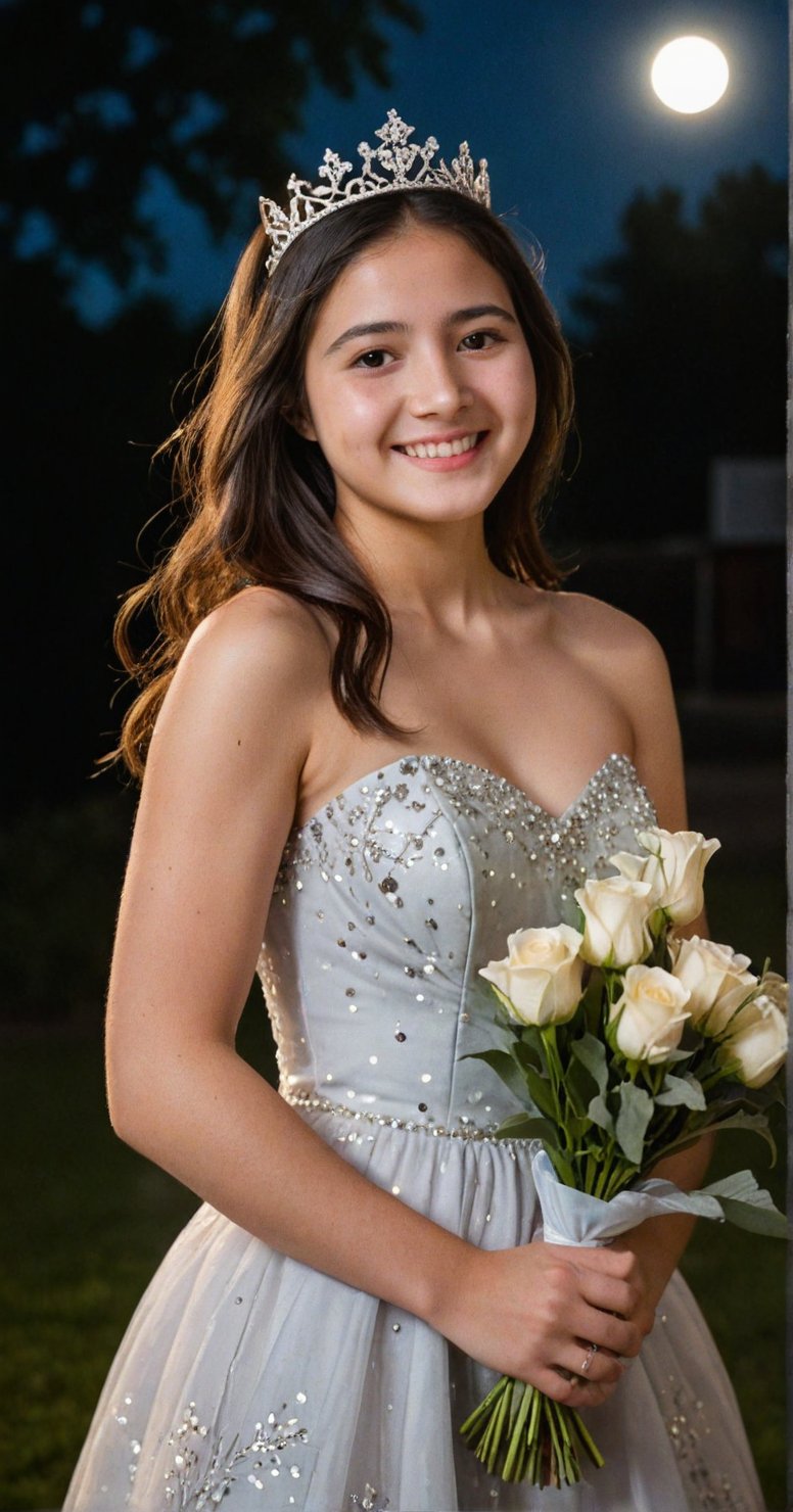 A beautiful 18 year old woman posing confidently in the middle of the night under a full moon with shining light. she wore a beautiful dress and princess crown and held a bouquet of flowers. the camera takes a picture of her from the side, with and focusing on her beautiful face and beautiful dress. Her face, sweet smile and dress are the center of attention.