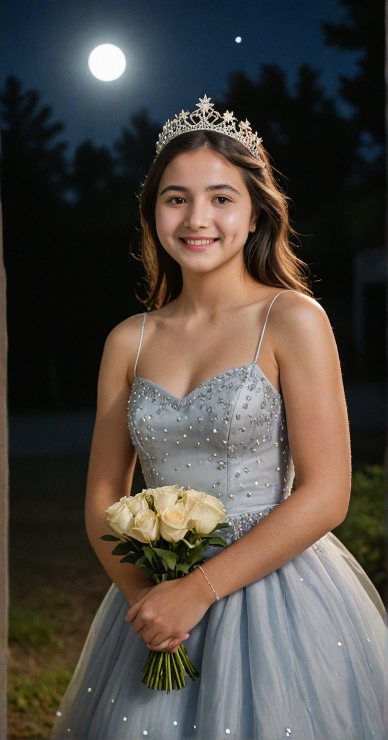 A beautiful 18 year old woman posing confidently in the middle of the night under a full moon with shining light. she wore a beautiful dress and princess crown and held a bouquet of flowers. the camera takes a picture of her from the side, with and focusing on her beautiful face and beautiful dress. Her face, sweet smile and dress are the center of attention.