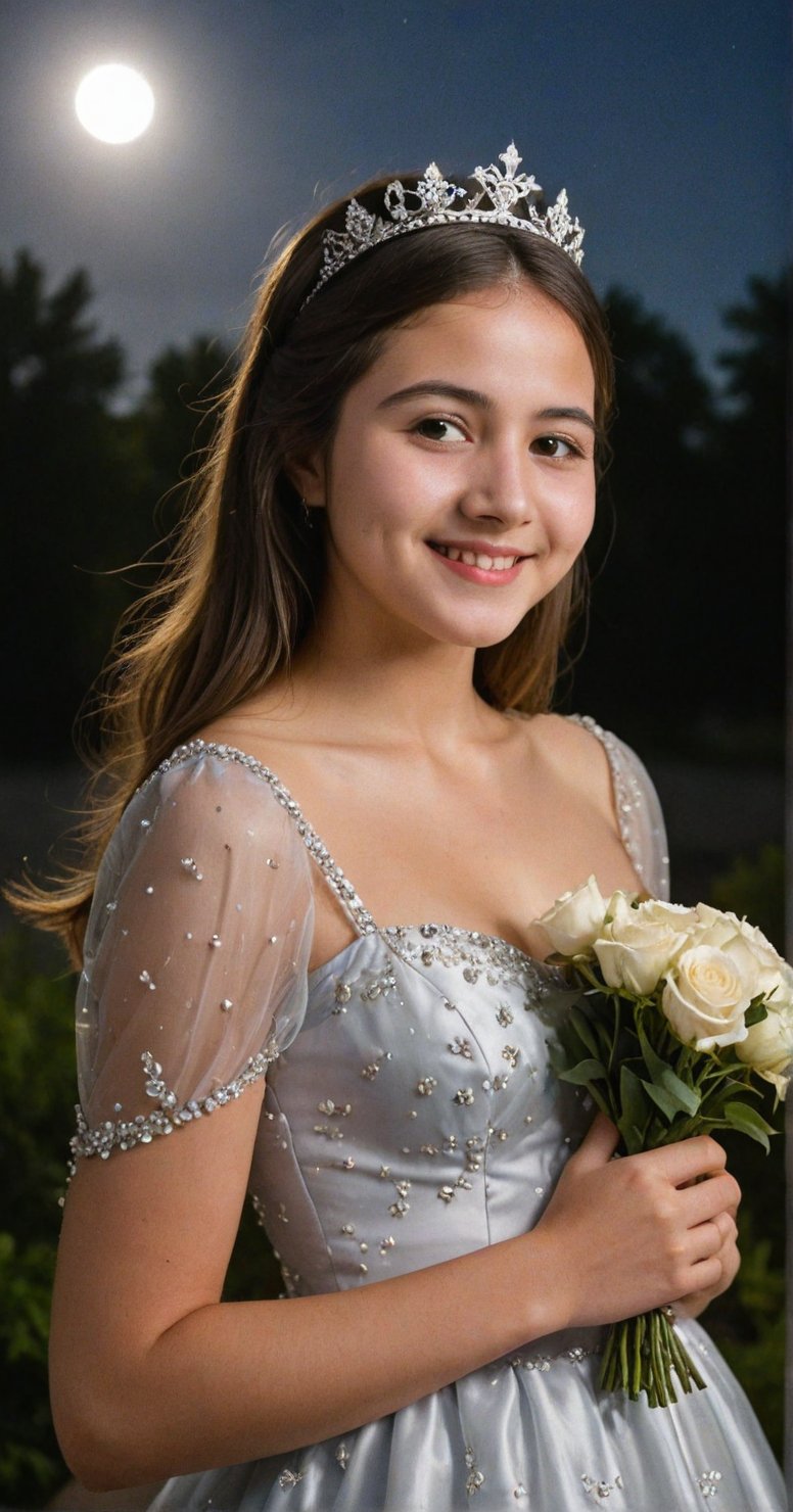 A beautiful 18 year old woman posing confidently in the middle of the night under a full moon with shining light. she wore a beautiful dress and princess crown and held a bouquet of flowers. the camera takes a picture of her from the side, with and focusing on her beautiful face and beautiful dress. Her face, sweet smile and dress are the center of attention.