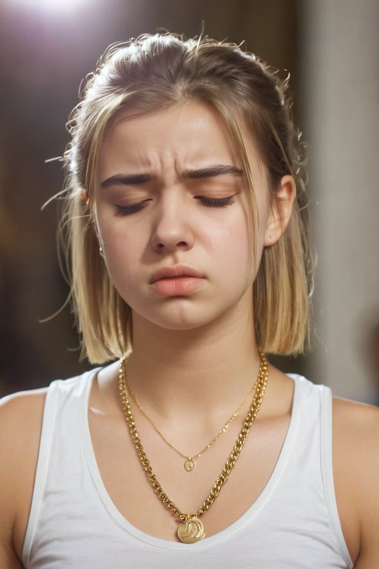 facial expression, 1girl, european, 16 year old, beautiful, pain, downturned mouth, eyes closed tight, portrait, gold necklace, sleeveless low cut t-shirt, facing viewer, 8k uhd, dslr, perfect lighting, high quality, realistic