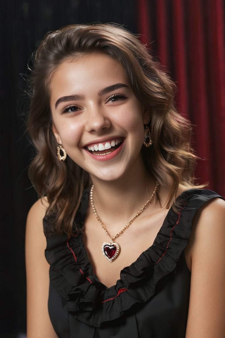 facial expression, 1girl, european, 18 year old, beautiful, laughing, open mouth, wide smile, wide open eyes, heart necklace, black ruffled-front blouse, facing viewer, upper body view, background dark red, 8k uhd, dslr, perfect lighting, high quality, realistic