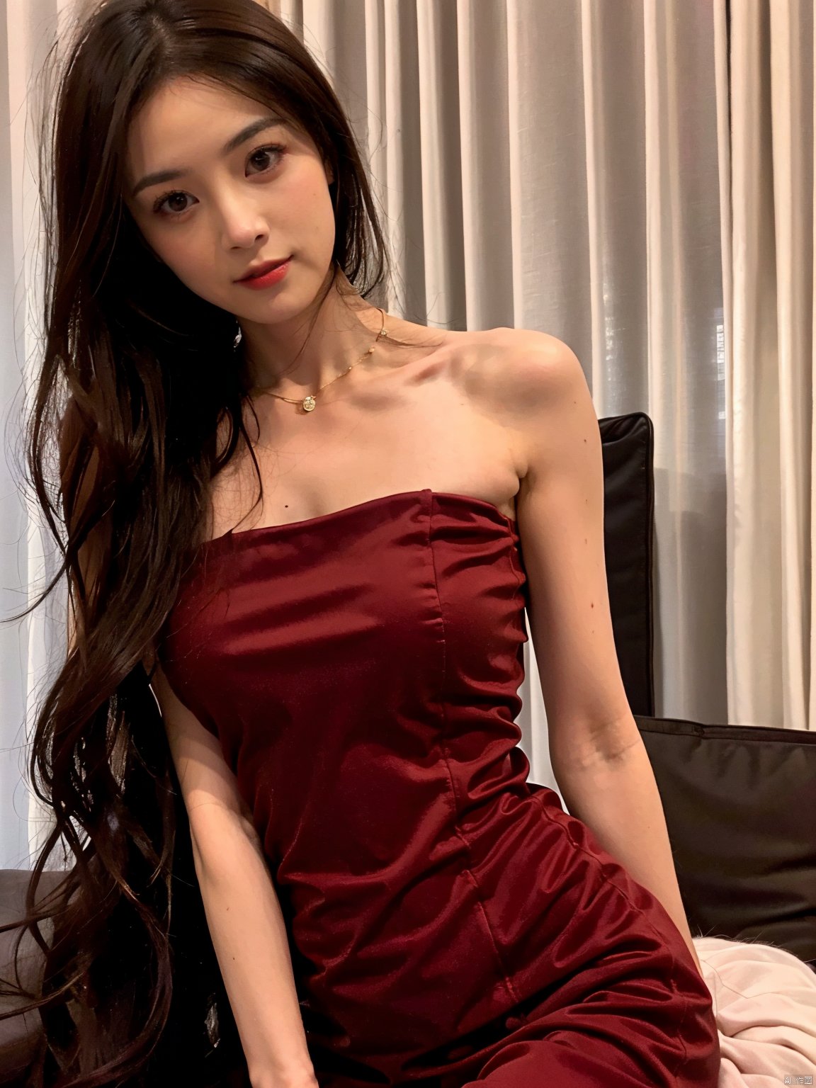  1, 1girl, long hair, brown hair, solo, dress, brown eyes, looking at viewer, holding, red dress, parted lips, bare shoulders, indoors, lips, upper body, sleeveless, ((poakl))