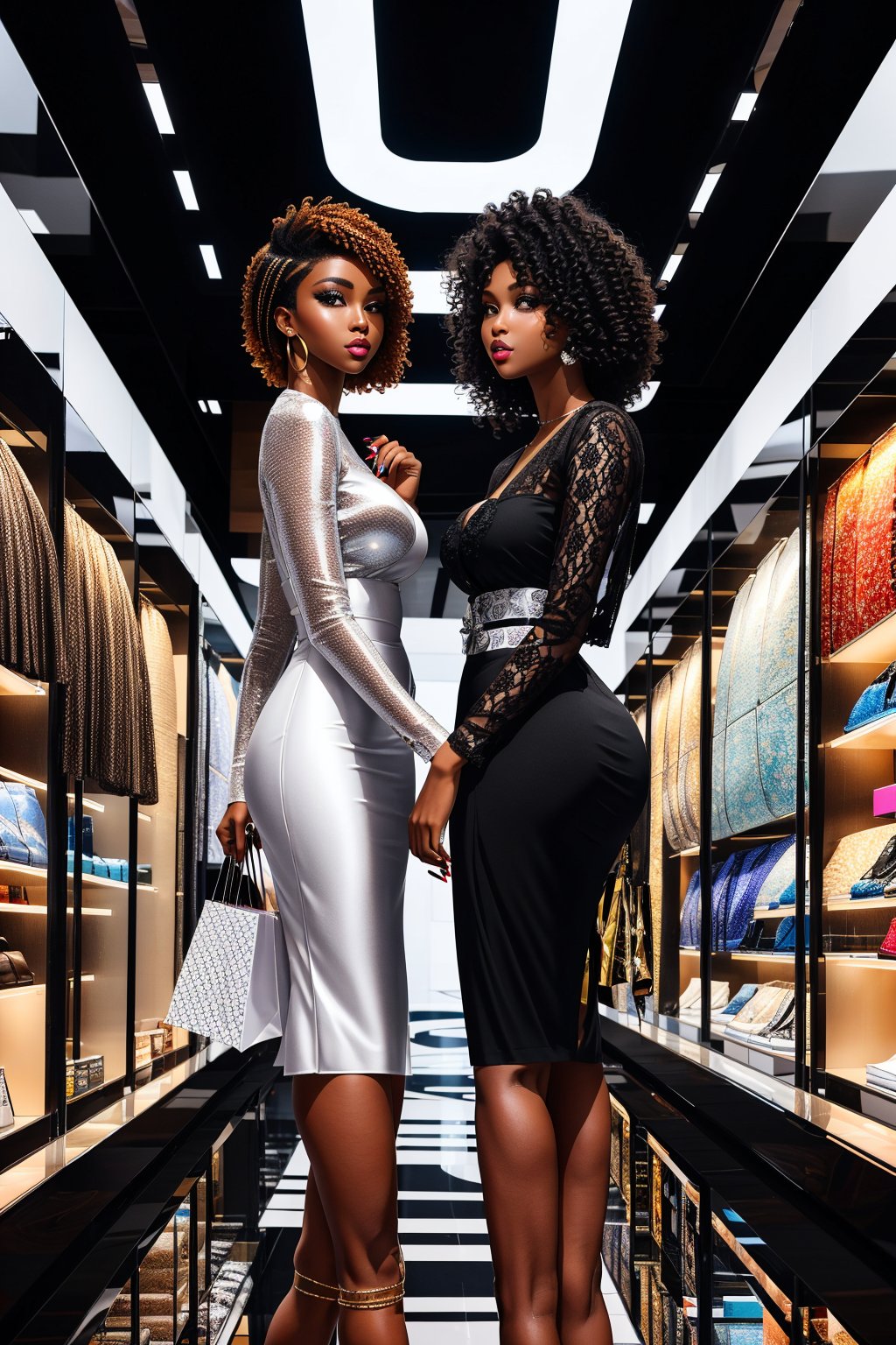 2 black ladies, one is dark black skin,big eyes,stright nose, beautiful face, long wave hair. Second woman is black wave hair , brown tone beauty, big eyes,light black skin. Thay are shopping in a fashion place, there have many tall building,black,beauty