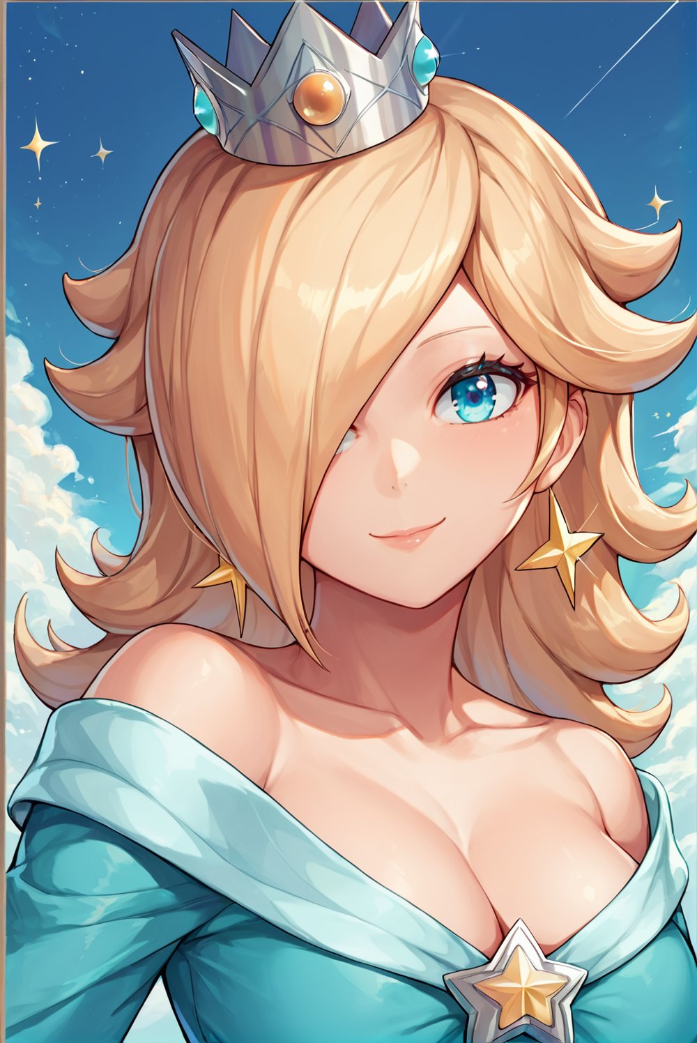 score_9_up, score_8_up, score_7_up, source_anime, 1girl, beautiful detailed eyes, ((masterpiece,best quality)), absurdres, solo, princess rosalina, short hair, silver crown, , blue eyes, long sleeves, smile, curvy, head tilt