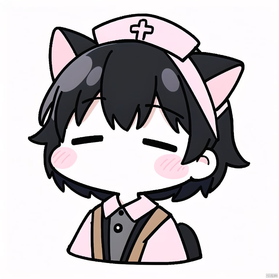  (\MBTI\),1boy,solo,cat ears,short hair,simple background,shirt,black hair,hat,white background,closed mouth,upper body,no humans,blush stickers,cropped torso,nurse cap,