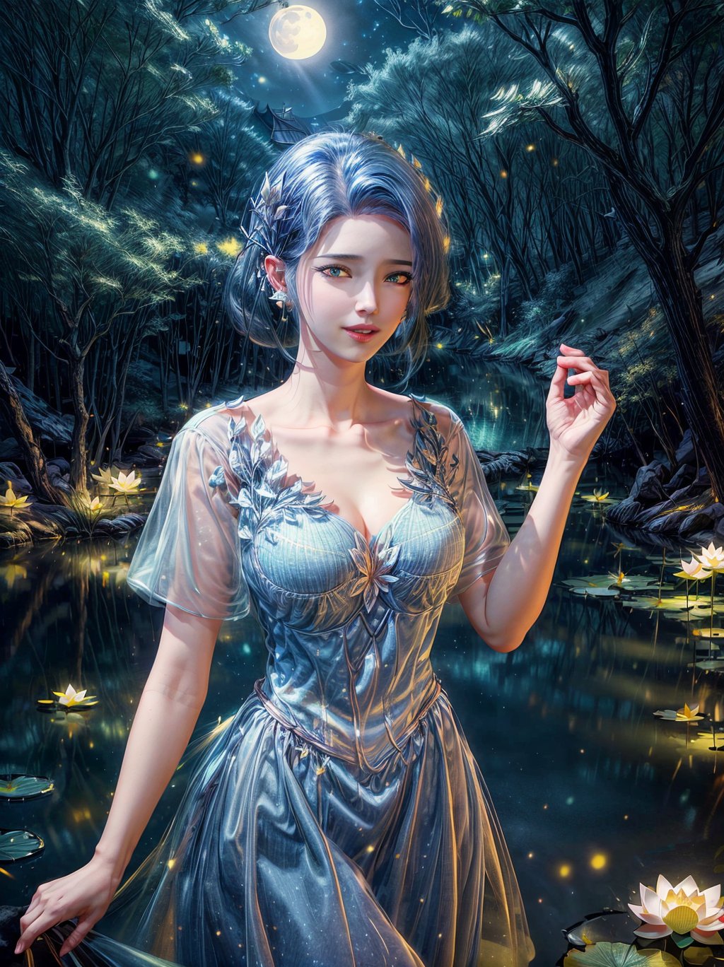 masterpiece,best quality,official art,extremely detailed CG unity 8k wallpaper,realistic,light rays,light particles,
1girl,earrings,blue hair,solo,jewelry,breasts,medium_breasts,upper_body,long_hair,dress,short_sleeves,
blue theme,starry background,scenery,starry sky,night,reflection,night sky,outdoors,milkway,cistern,(lotus:1.2),lake water,moon,
dynamic pose,looking at viewer,cowboy shot, 