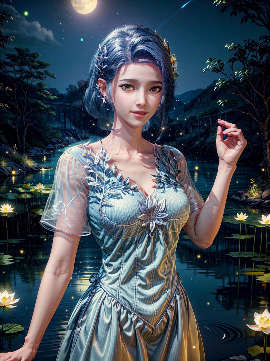 masterpiece,best quality,official art,extremely detailed CG unity 8k wallpaper,realistic,light rays,light particles,
1girl,earrings,blue hair,solo,jewelry,breasts,medium_breasts,upper_body,long_hair,dress,short_sleeves,
blue theme,starry background,scenery,starry sky,night,reflection,night sky,outdoors,milkway,cistern,(lotus:1.2),lake water,moon,
dynamic pose,looking at viewer,cowboy shot,