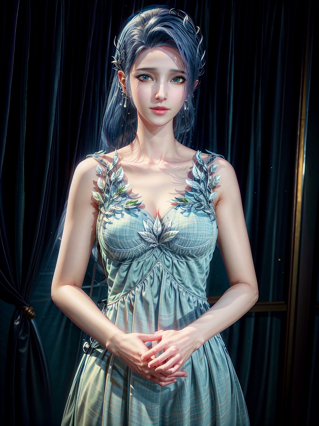 (8k, RAW photo, best quality, masterpiece:1.2),,(realistic, photo-realistic:1.3), ultra-detailed, extremely detailed cg 8k wallpaper,,(crystalstexture skin:1.2), (extremely delicate and beautiful),,1girl, earrings, jewelry, solo, blue_hair, dress, long_hair, hair_ornament,,(full shot) , (breasts, medium breasts, cleavage), looking_at_viewer,