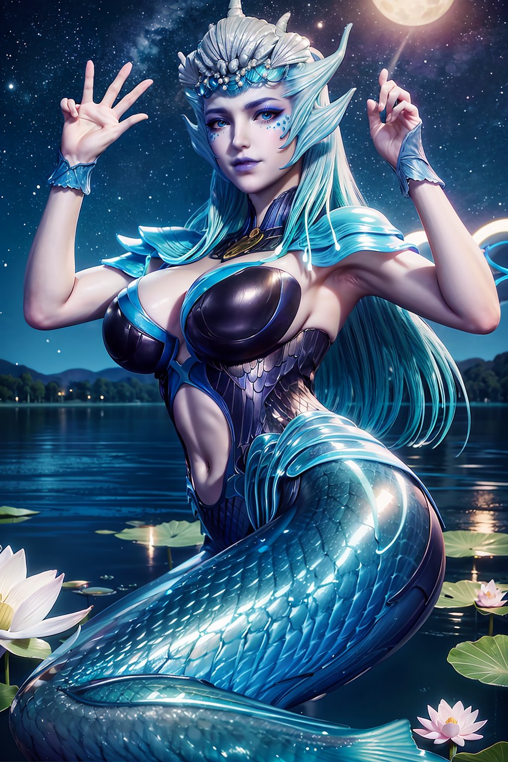 masterpiece,best quality,official art,extremely detailed CG unity 8k wallpaper,realistic,light rays,light particles,
1girl,solo,breasts,long_hair,lue eyes,
blue theme,starry background,scenery,starry sky,night,reflection,night sky,outdoors,milkway,cistern,(lotus:1.2),lake water,moon,
,
looking at viewer,cowboy shot,b,mermaid,fish tail,