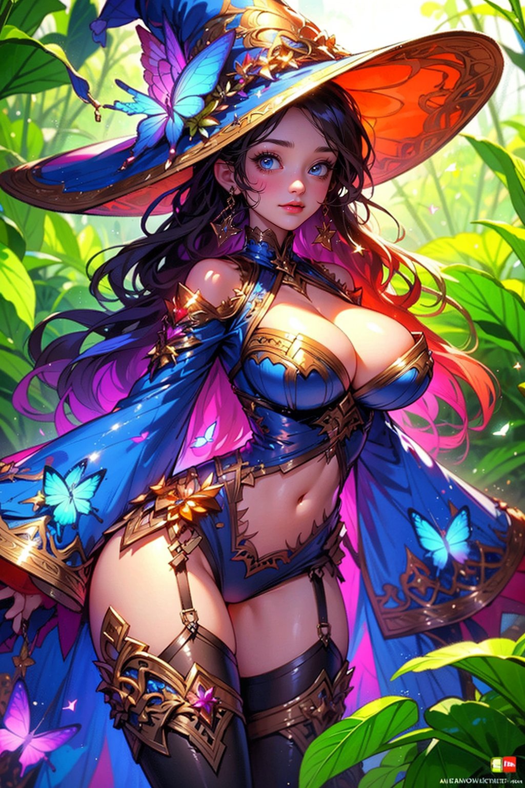 busty and sexy girl, WITCH, 8k, masterpiece, ultra-realistic, best quality, high resolution, high definition <lora:YIN-BLUE WITCH (3):1> <lora:yinanlight-002:0.34> bug, butterfly