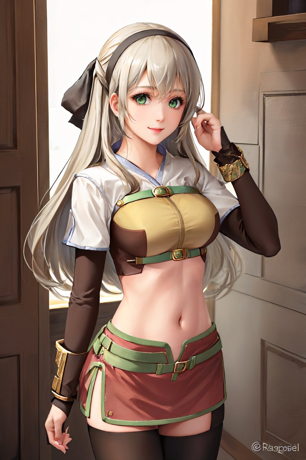 (masterpiece, best quality:1.2), solo, 1girl, elie macdowell, smile, looking at viewer, hair ribbon, hairband, green eyes, ragnarokhunter <lora:elie-nvwls-v2-zero:0.8> <lora:attire_ro_hunter:1.0>