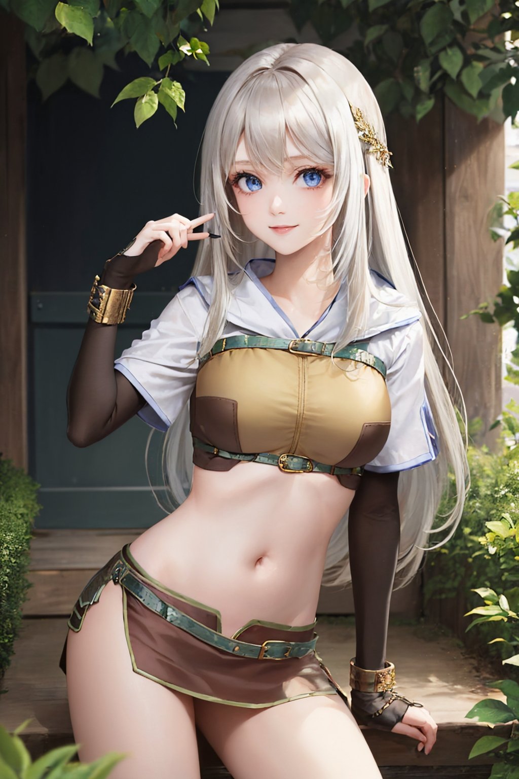 (masterpiece, best quality:1.2), solo, 1girl, smile, looking at viewer, long hair, white hair, blue eyes, ragnarokhunter <lora:attire_ro_hunter:1.0>