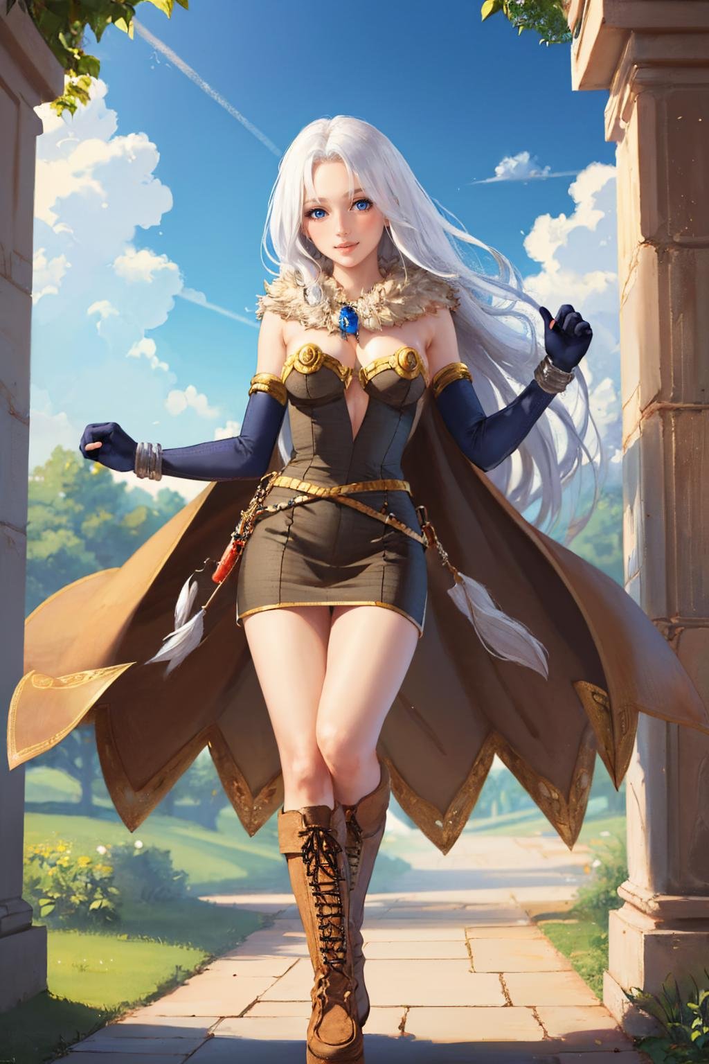 (masterpiece, best quality:1.2), solo, 1girl, smile, looking at viewer, long hair, white hair, blue eyes, ragnarokalchemist, elbow gloves, boots <lora:attire_ro_alchemist-10:1>