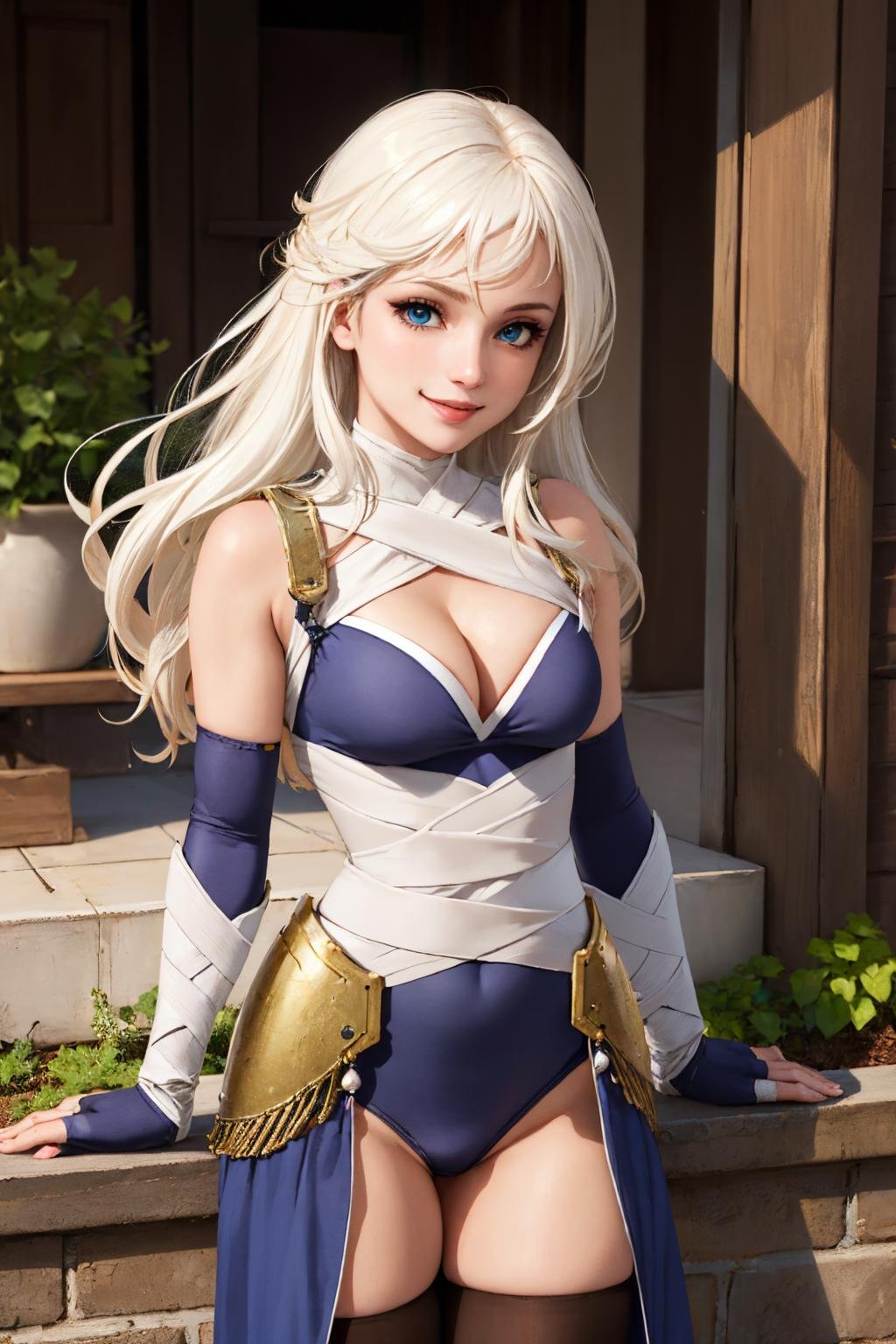 (masterpiece, best quality:1.2), solo, 1girl, smile, looking at viewer, long hair, white hair, blue eyes, ragnarokassassin, armor, bandages, fingerless gloves, elbow gloves, thighhighs, cleavage <lora:attire_ro_assassin-16:1>