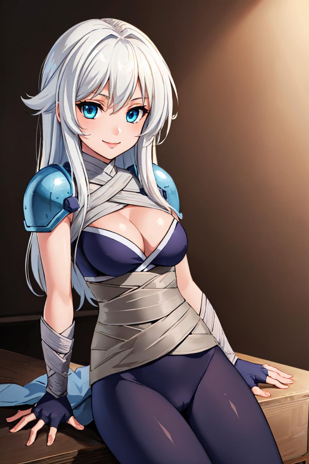 (masterpiece, best quality:1.2), solo, 1girl, smile, looking at viewer, long hair, white hair, blue eyes, ragnarokassassin, armor, bandages, fingerless gloves, elbow gloves, waist cape, leggings, cleavage <lora:attire_ro_assassin-16:1>