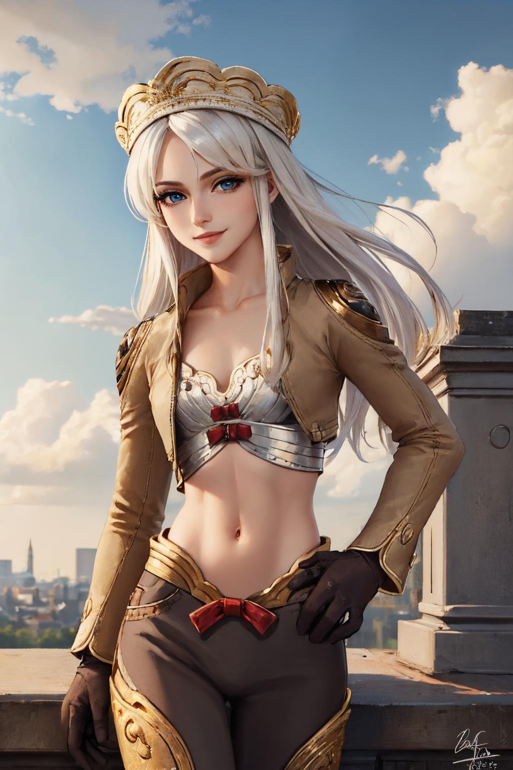 (masterpiece, best quality:1.2), solo, 1girl, ragnarokthief, smile, looking at viewer, long hair, white hair, blue eyes, jacket, long sleeves, brown gloves, pants <lora:attire_ro_thief-16:1>