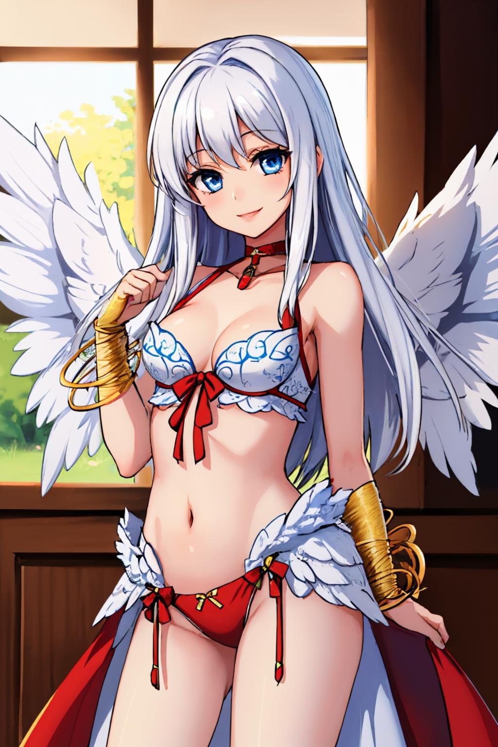 (masterpiece, best quality:1.2), solo, 1girl, smile, looking at viewer, long hair, white hair, blue eyes, ragnarokwanderer, wings, bracelet <lora:attire_ro_wanderer-10:1>