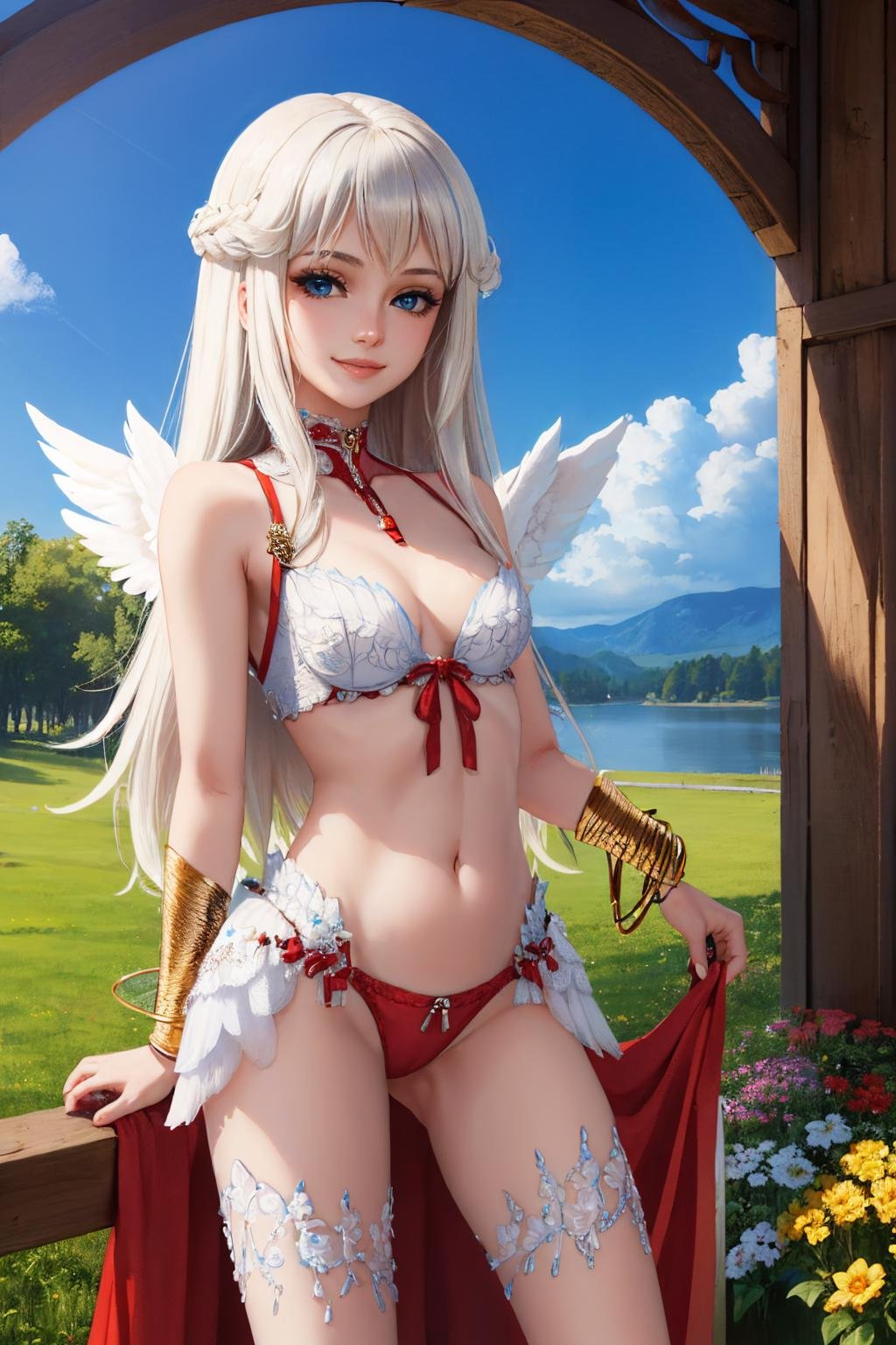 (masterpiece, best quality:1.2), solo, 1girl, smile, looking at viewer, long hair, white hair, blue eyes, ragnarokwanderer, wings, bracelet <lora:attire_ro_wanderer-10:1>