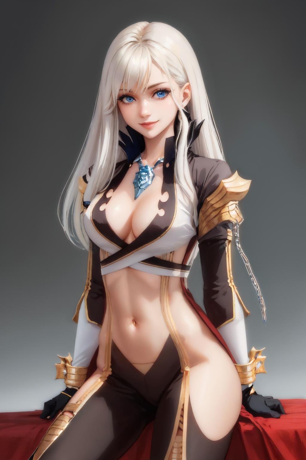 (masterpiece, best quality:1.2), cowboy shot, solo, 1girl, smile, looking at viewer, long hair, white hair, blue eyes, ragnarokwarlock, gloves, navel, cleavage <lora:attire_ro_warlock-10:1>