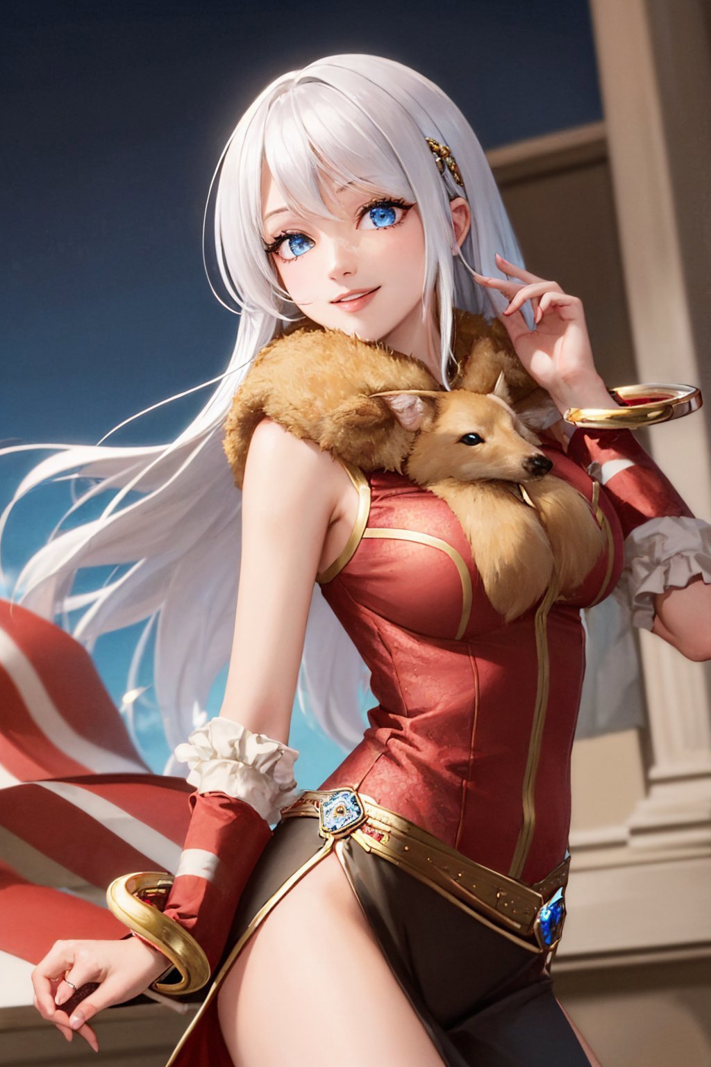 (masterpiece, best quality:1.2), <lora:attire_ragnarokonlineprofessor:1.0>, cowboy shot, solo, 1girl, ragnarokprof, smile, looking at viewer, long hair, white hair, blue eyes, jewelry, bracelet, bangle