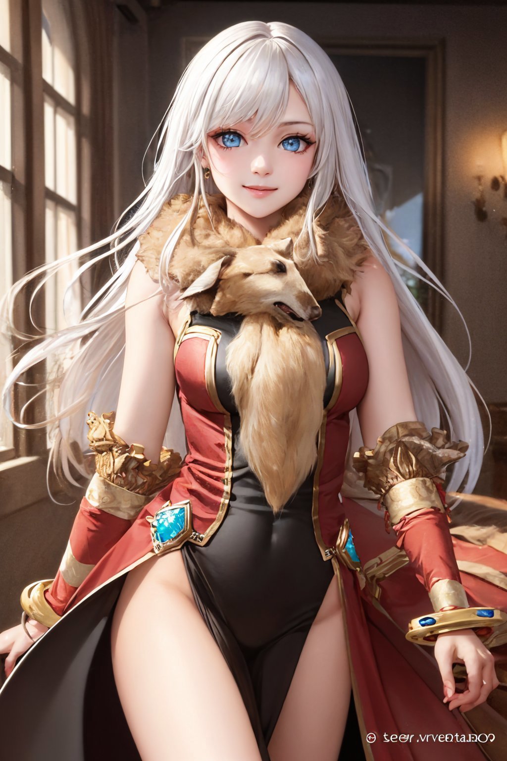 (masterpiece, best quality:1.2), <lora:attire_ragnarokonlineprofessor:1.0>, cowboy shot, solo, 1girl, ragnarokprof, smile, looking at viewer, long hair, white hair, blue eyes, jewelry, bracelet, bangle