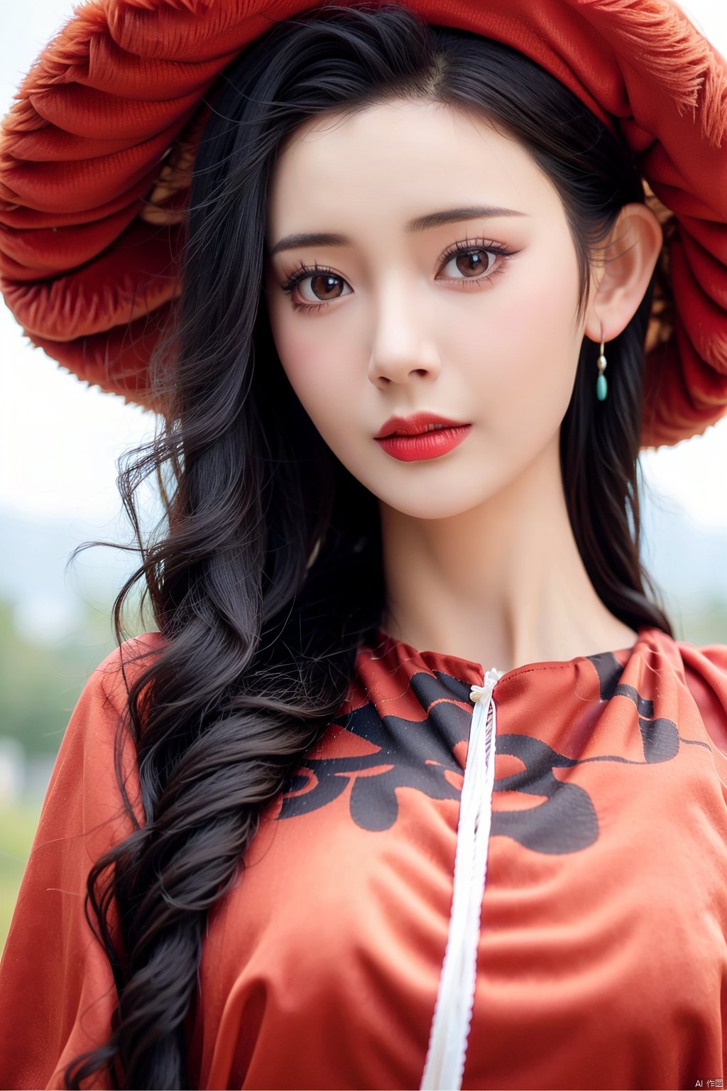  masterpiece, best quality, 1girl, red background, black hair, Long curly hair, face front, ((red fashion silk lone costume with red swirling vortexes pattern)), ((Red Plush Fur Hat)), emotional face, (close up portrait), make up, studio light, studio, ((poakl)), poakl ggll girl